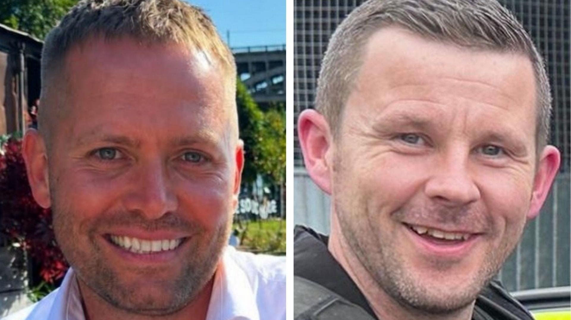 Pictures of the two officers. Both are smiling. PC Blades has smart stubble and short fair hair. PC Clough also has stubble and short dark hair.