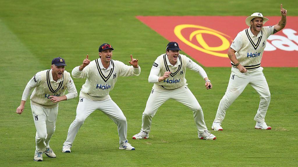 Warwickshire's four-man slip cordon of (from left) Dan Mousley, Will Young, Rob Yates and Sam Hain react as another Leicestershire wicket falls at Edgbaston (26 September 2026)