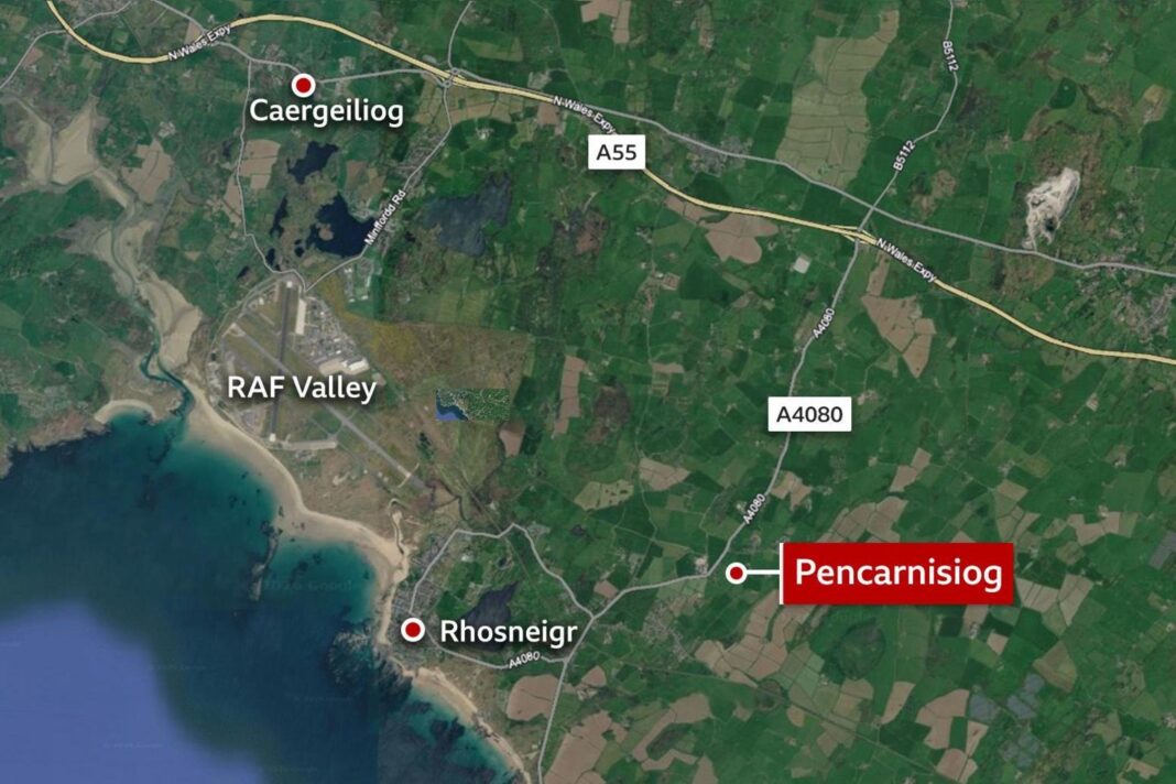 Map showing RAF Valley, Rhosneigr, Pencarnisiog and Caergeiliog and the A55
