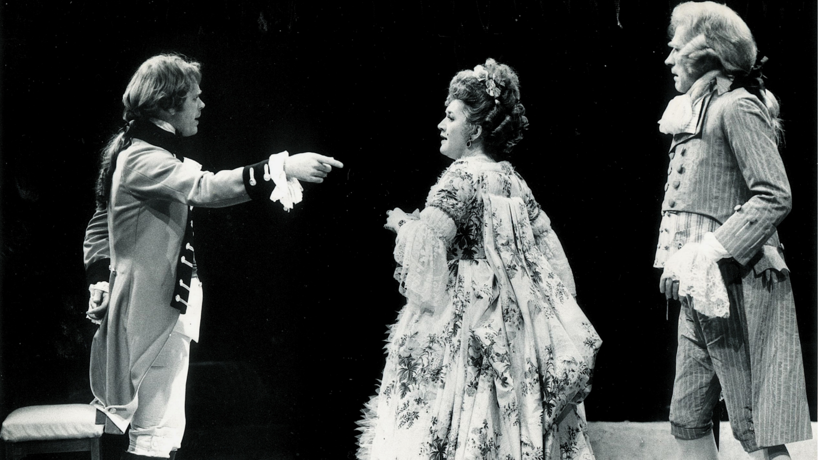 Christopher Gable, Patricia Routledge and James Maxwell pictured on stage in The Rivals in 1976.