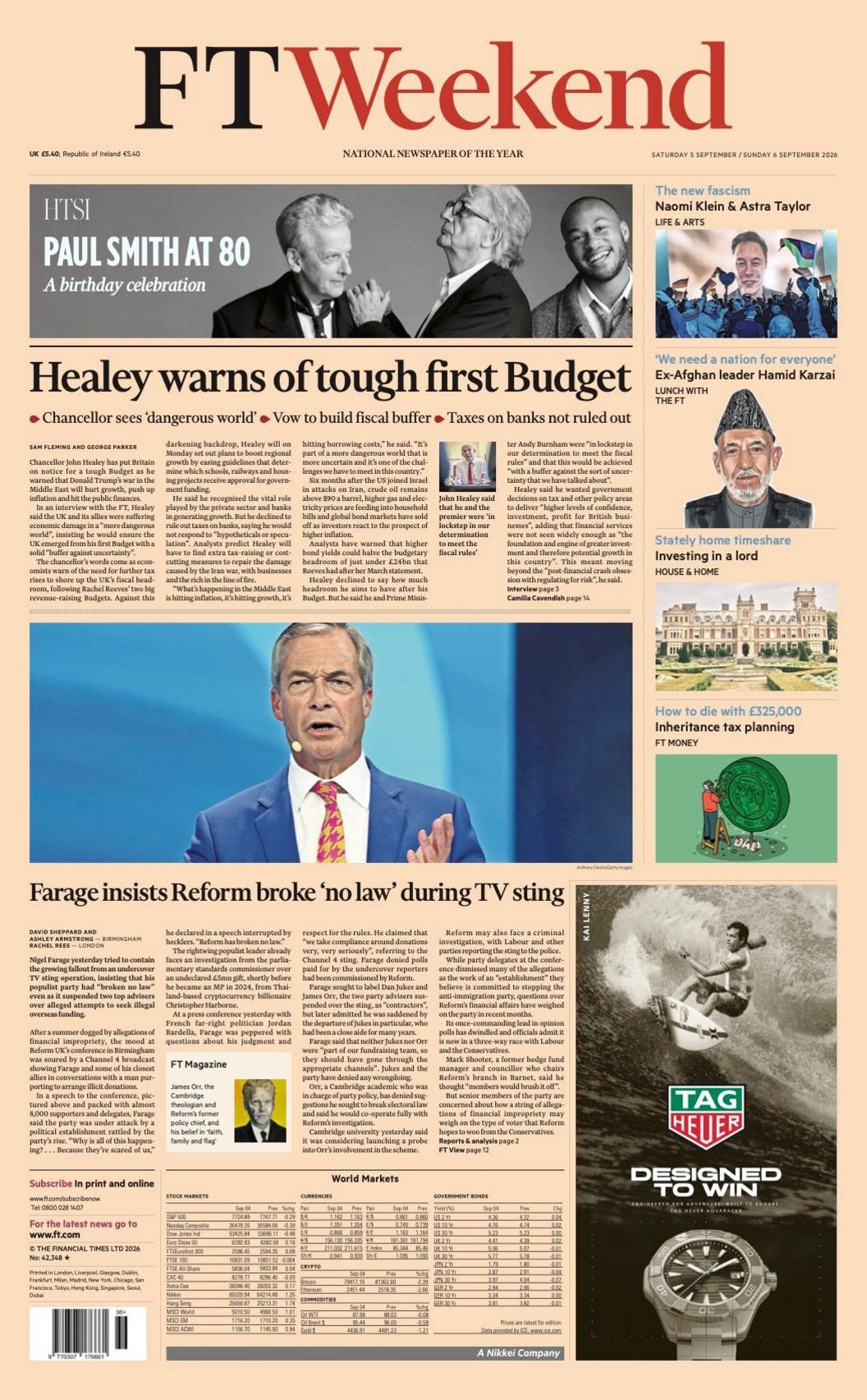 The headline on the front page of the FTWeekend reads: “Healey warns of tough first Budget”.