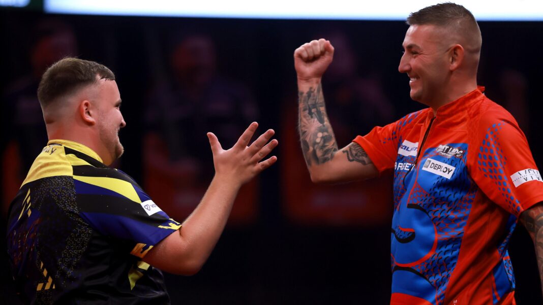 Littler seals dramatic final-leg win over Aspinall Luke Littler and Nathan Aspinall prepare to shake hands at the end of their match