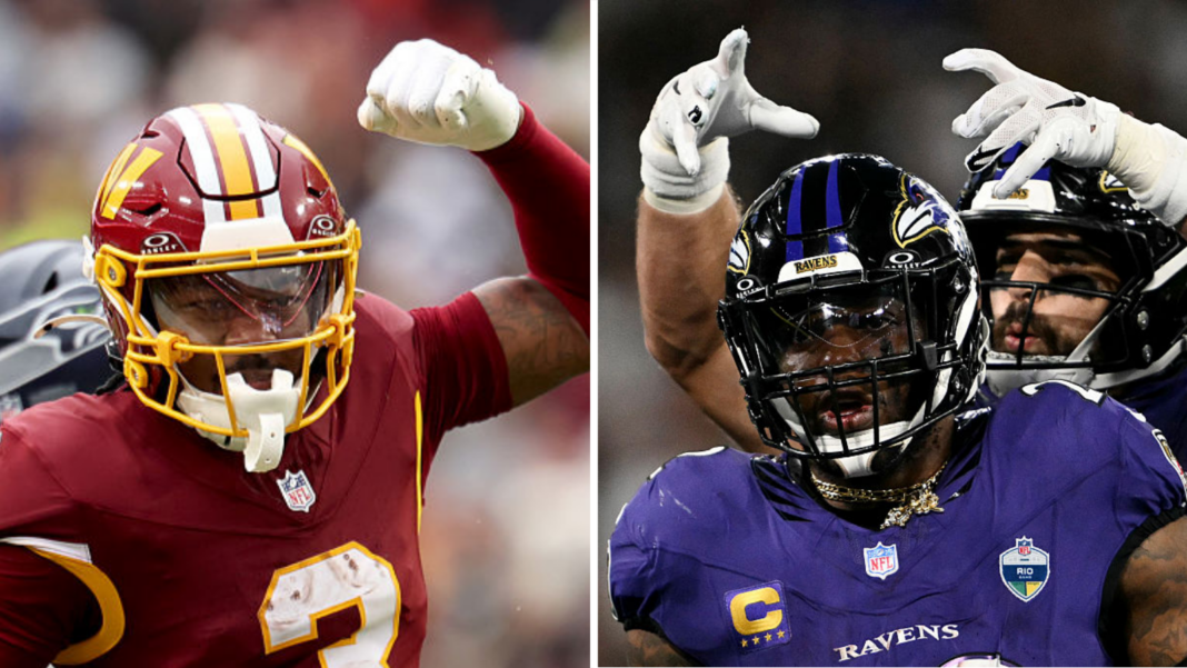 A split picture of the Washington Commanders' Stefon Diggs and the Baltimore Ravens' Derrick Henry celebrating