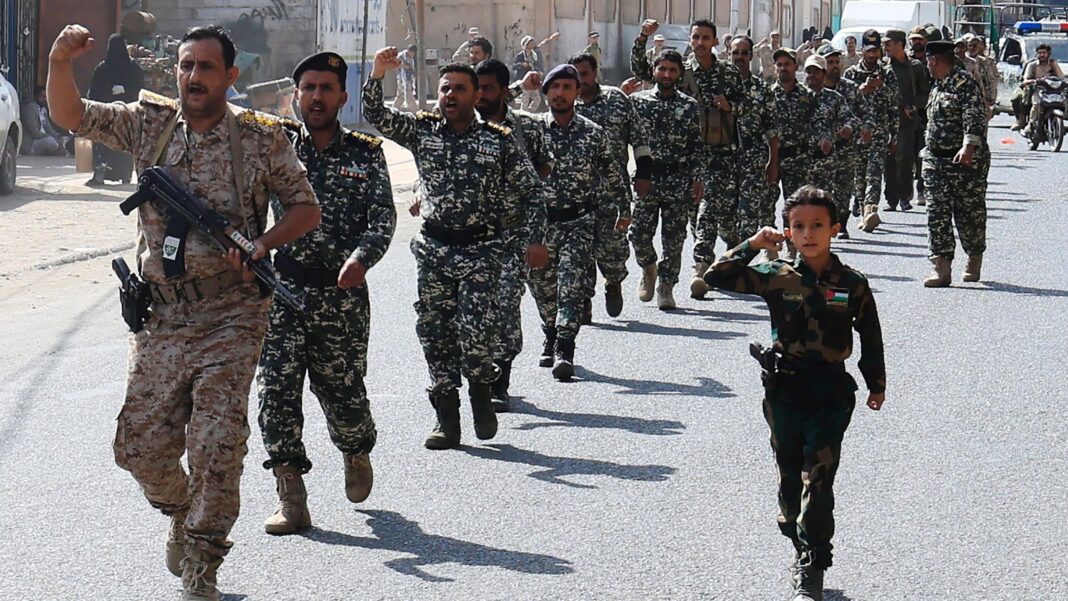 Saudi Arabia says it shot down Houthi drone south of Mecca Houthi fighters in uniforms march with raised fists during mobilisation drive in Sana'a, Yemen, 10 September 2026