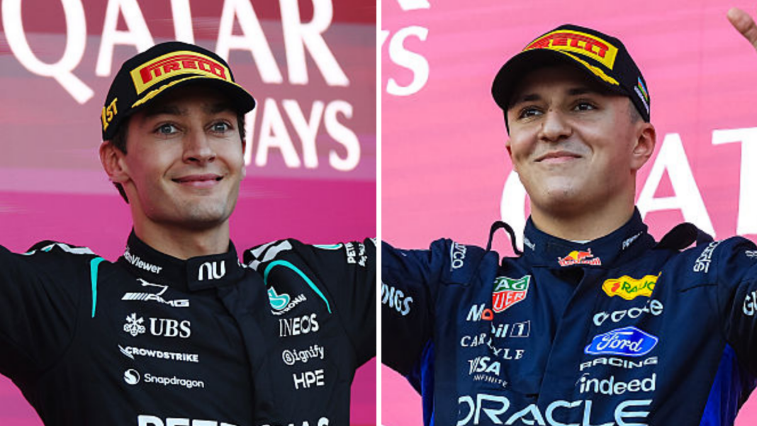 Russell faultless and Hadjar excellent on return – driver ratings George Russell celebrates his Azerbaijan win on the podium in a split picture with Isack Hadjar, who finished third