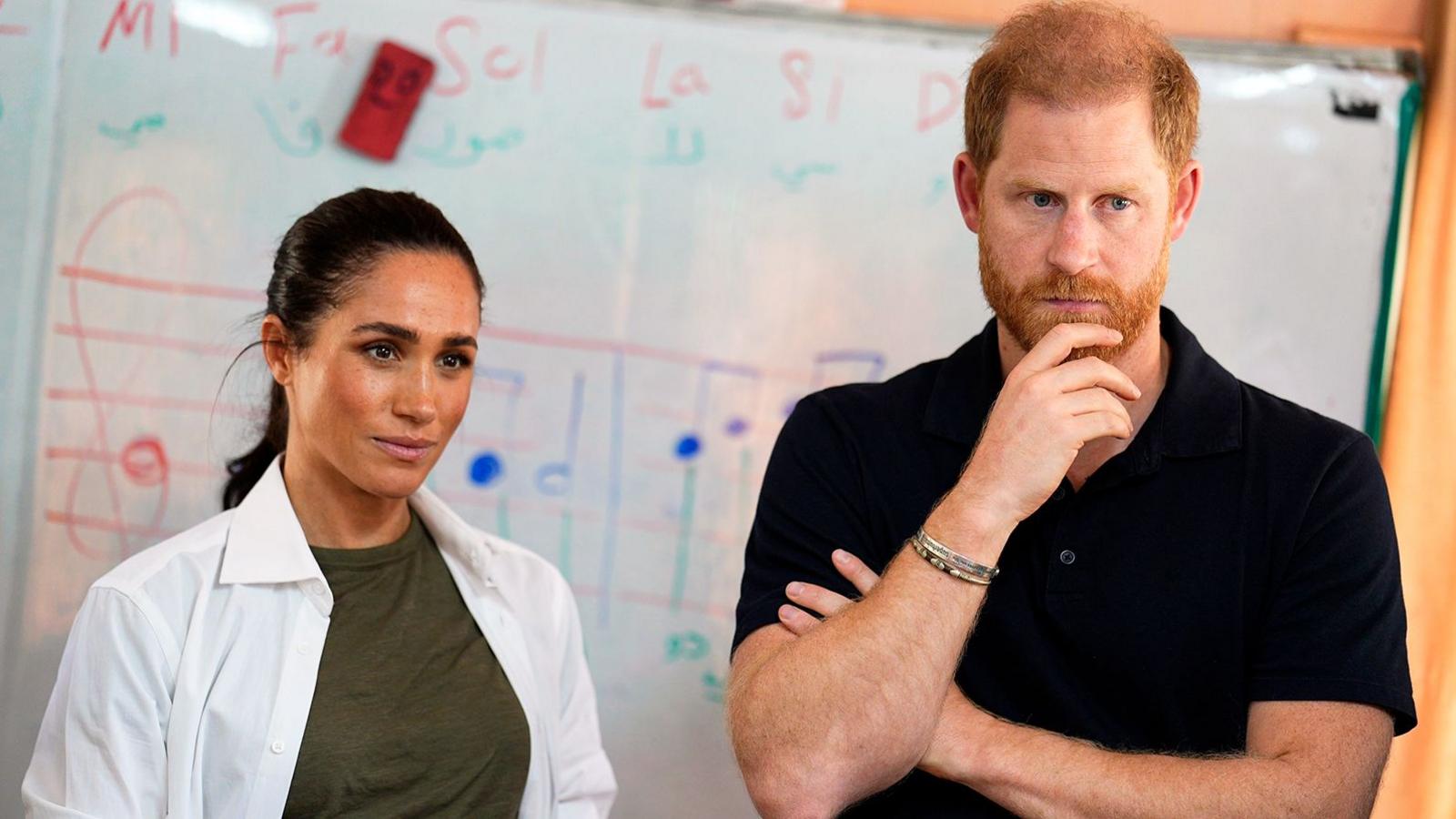 The Duke and Duchess of Sussex listen to a music class during a visit to the QuestScope Youth Center at the Za'atari refugee camp, home to displaced Syrians, near Mafraq in northern Jordan. Picture date: Wednesday February 25, 202