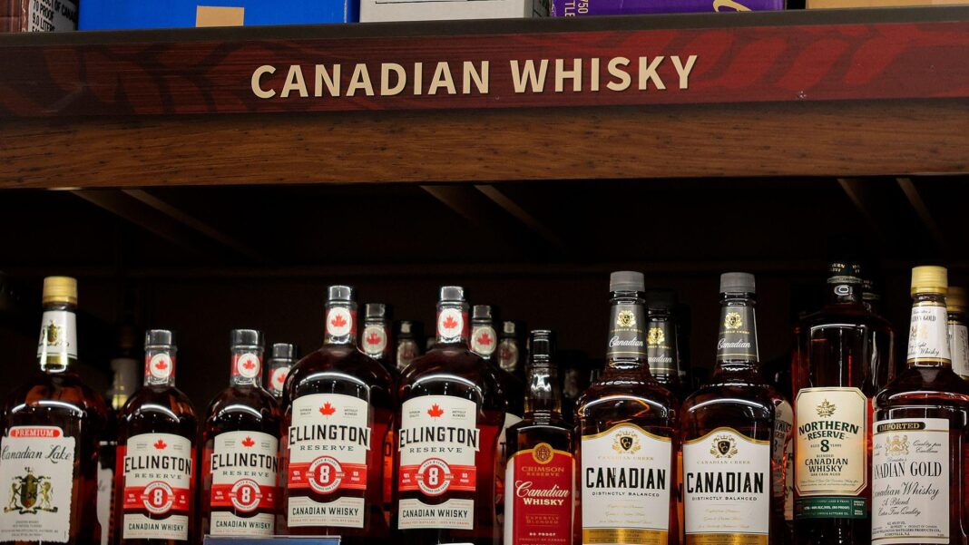 Canadian whiskies are displayed for purchase on a shelf at Total Wine on July 21, 2026 in San Francisco, California.