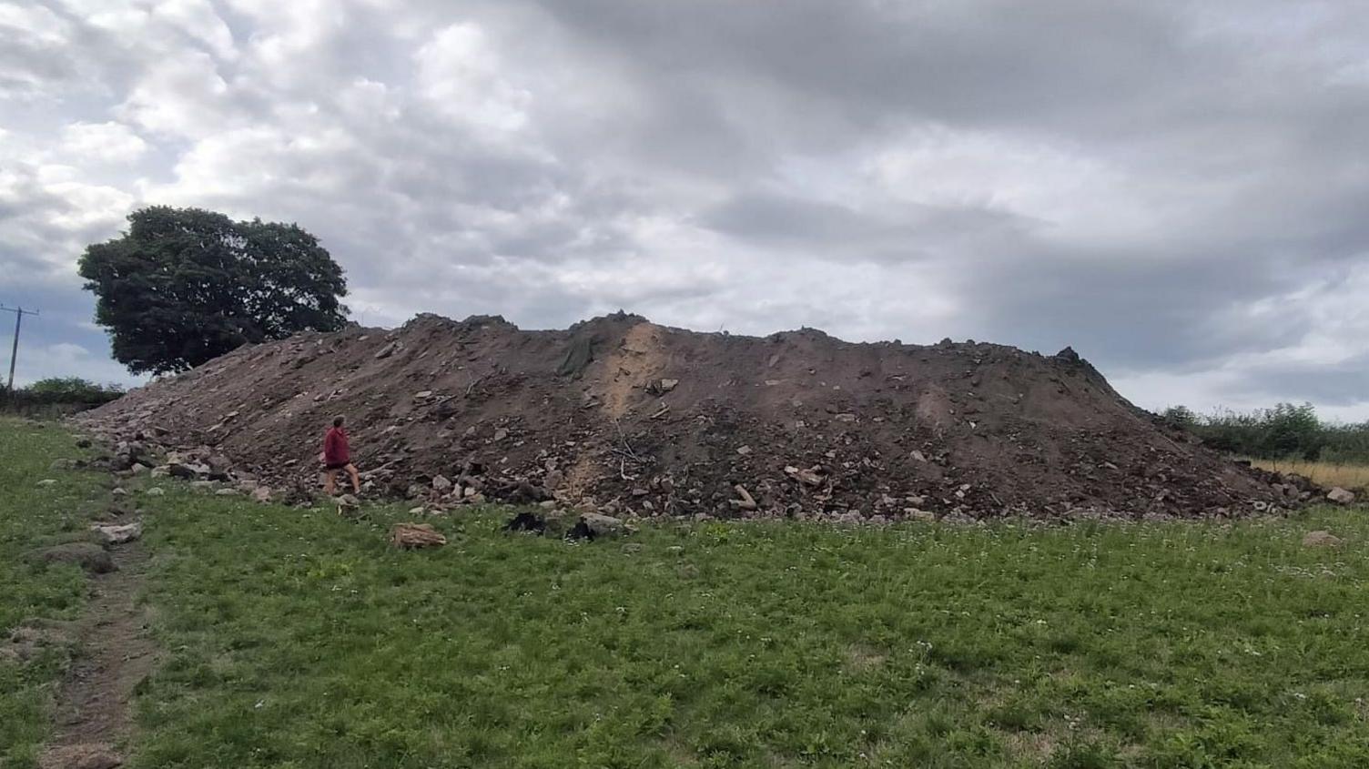 A mound of soil and earth in a field. A woman looks up at it