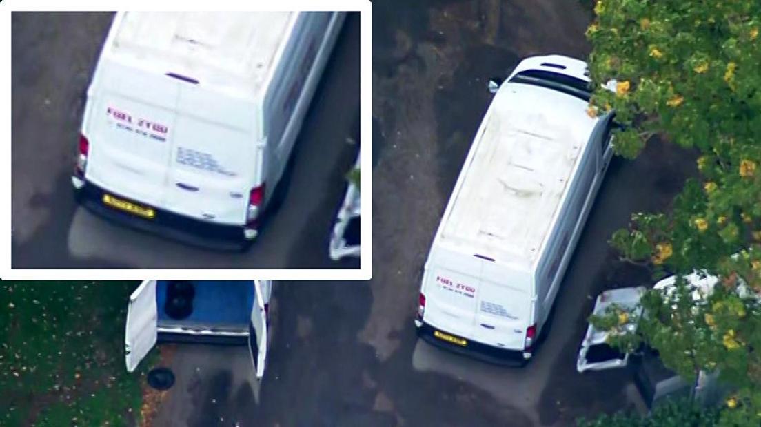 Aerial shot of white van parked on road, a red logo reading Fuel 2 You in the back with further writing in black. Two other vans partially visible to the sides of the central one. In the top left corner, is a zoomed-in snap of the van showing the back