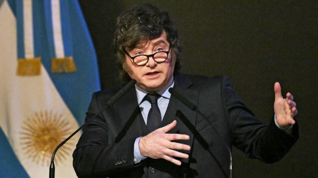 Argentina's President Javier Milei delivers a speech