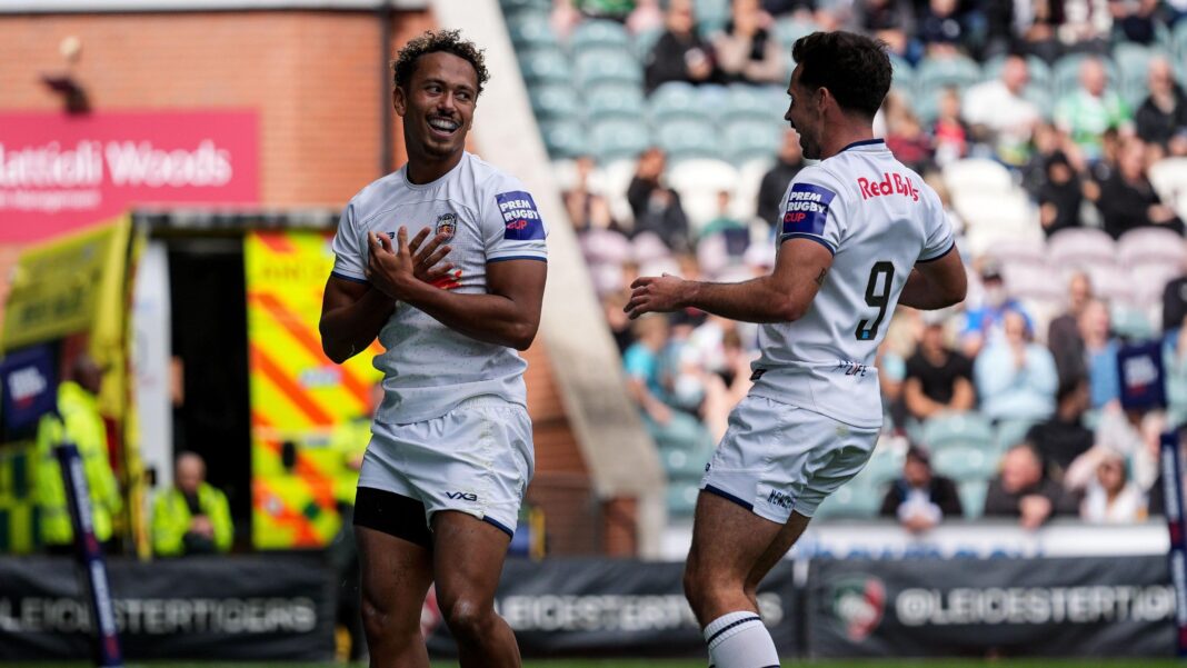 Harrison Obatoyinbo celebrates after he scores Newcastle's first try away to Leicester