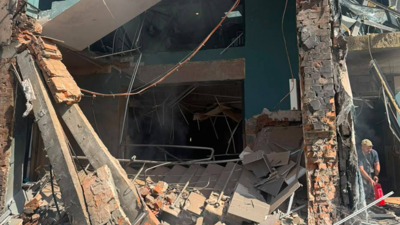 A partially collapsed building housing Ukraine's TV channel in Kyiv, following a Russian drone strike. Photo: 8 September 2026