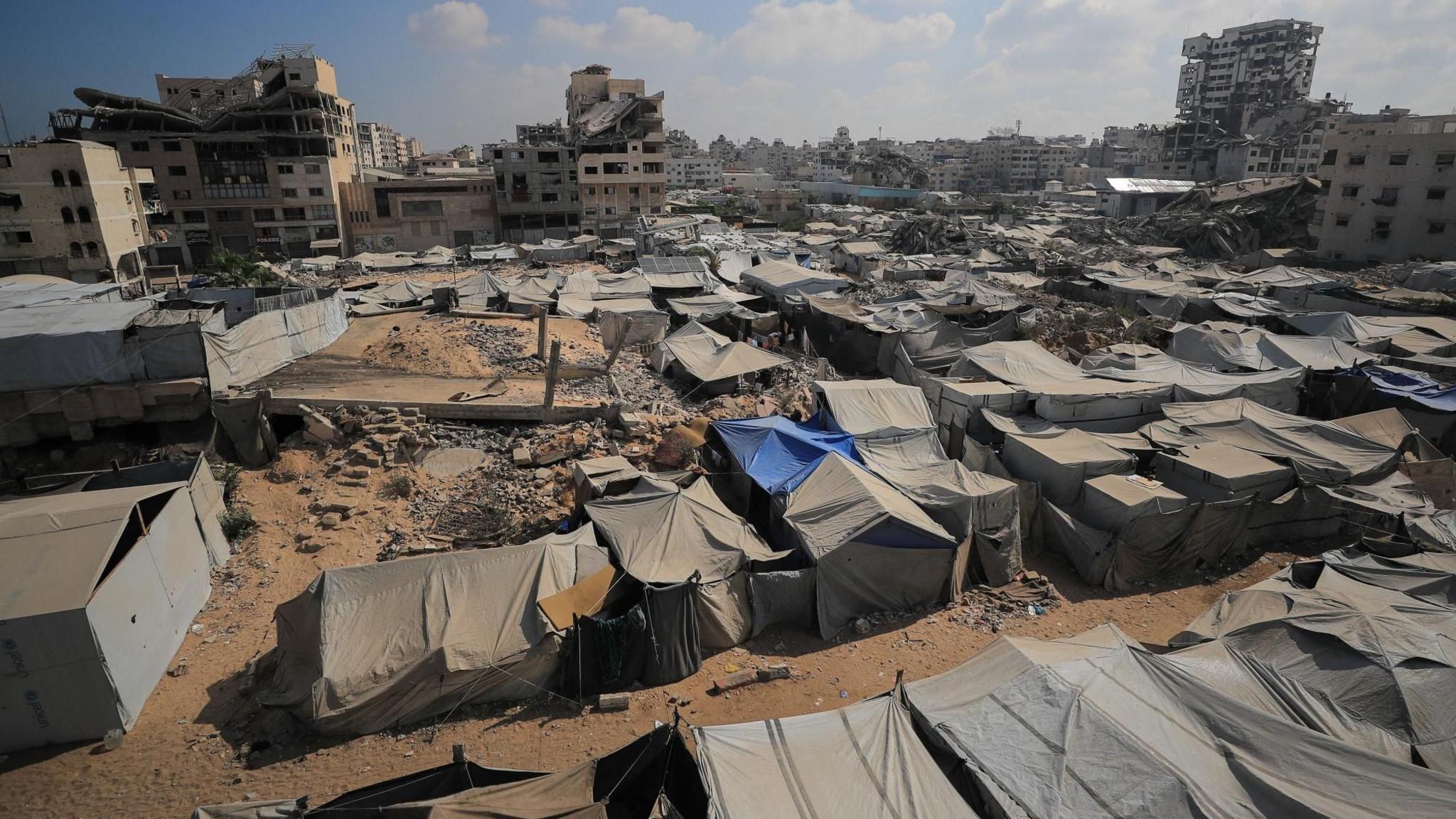 A tent camp sheltering displaced Palestinians in Gaza City (4 September 2026)
