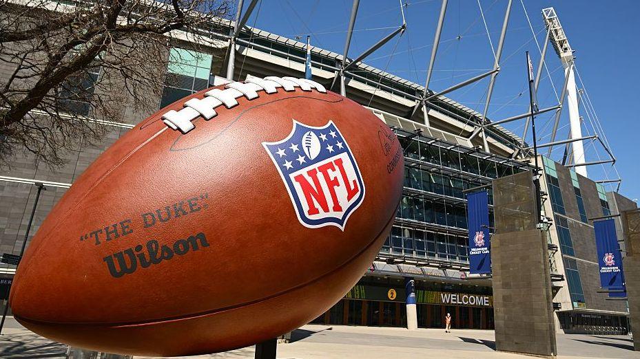 A giant NFL football outside the Melbourne Cricket Ground before the NFL game there in September 2026