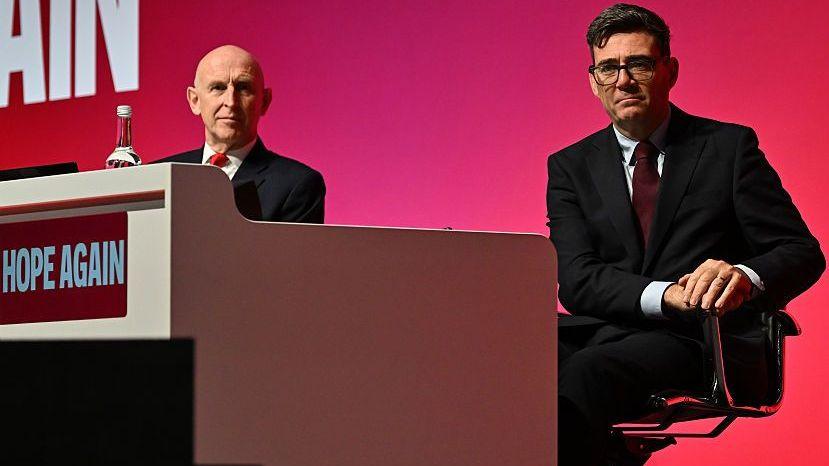 Chancellor of the Exchequer John Healey (L) and Prime Minister Andy Burnham attend the first day of the Labour Party Conference in Liverpool on 27 September 2026.