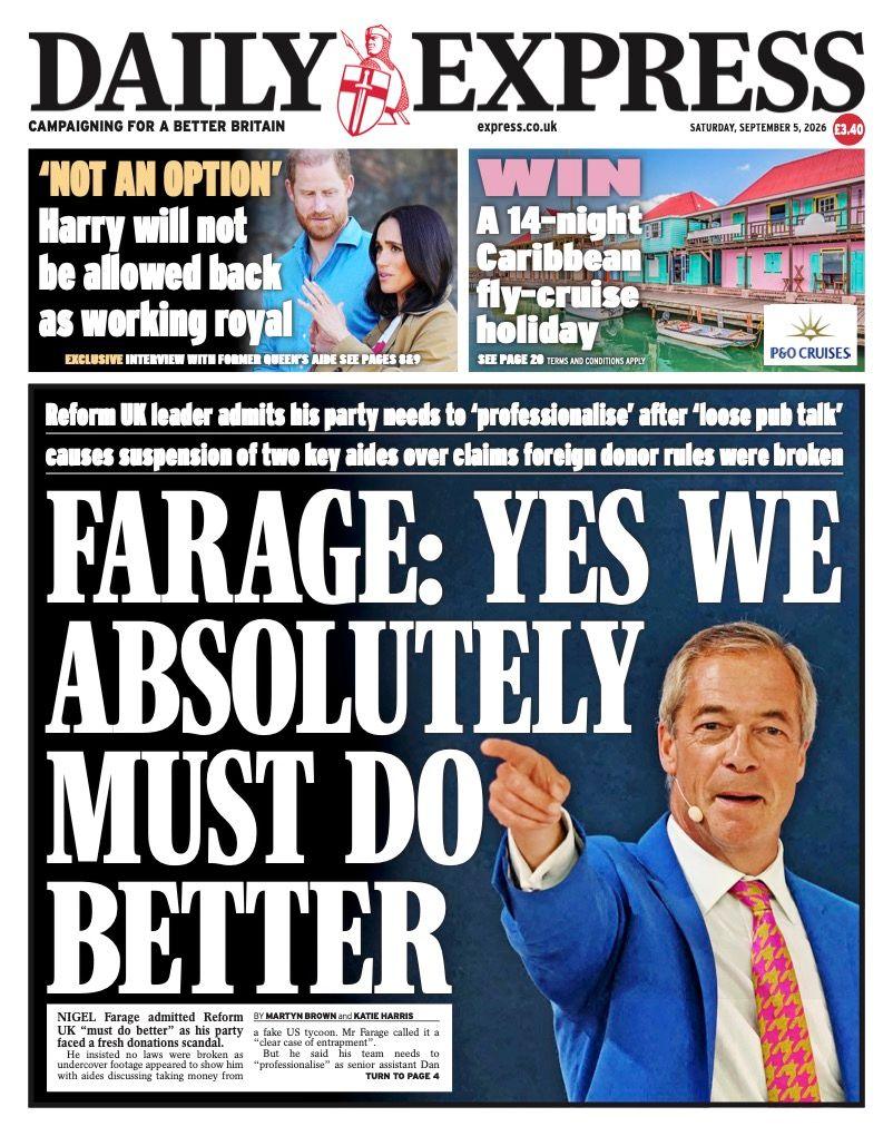 The headline on the front page of the Daily Express reads: “Farage: Yes we absolutely must do better”.
