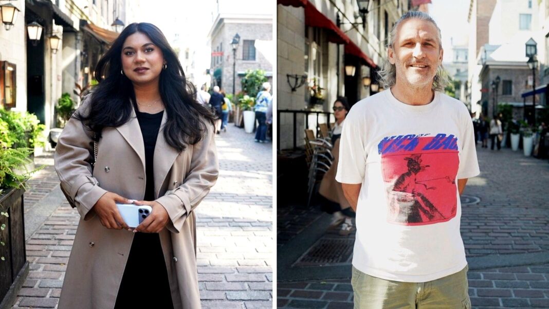 Split screen of a woman in a long coat and a man in a t-shirt - both standing outside in a street.
