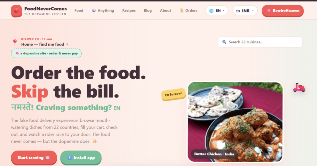 The landing page of FoodNeverComes' website, asking people to order the food but 
