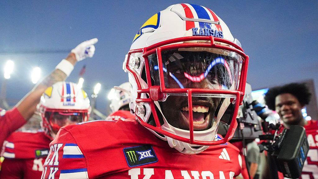 Taylor Davis celebrates after recovering a fumble for the Kansas Jayhawks against the Missouri Tigers in September 2026