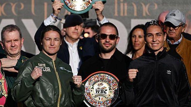 Katie Talylor and Flora Pili after Friday's ceremonial weigh-in