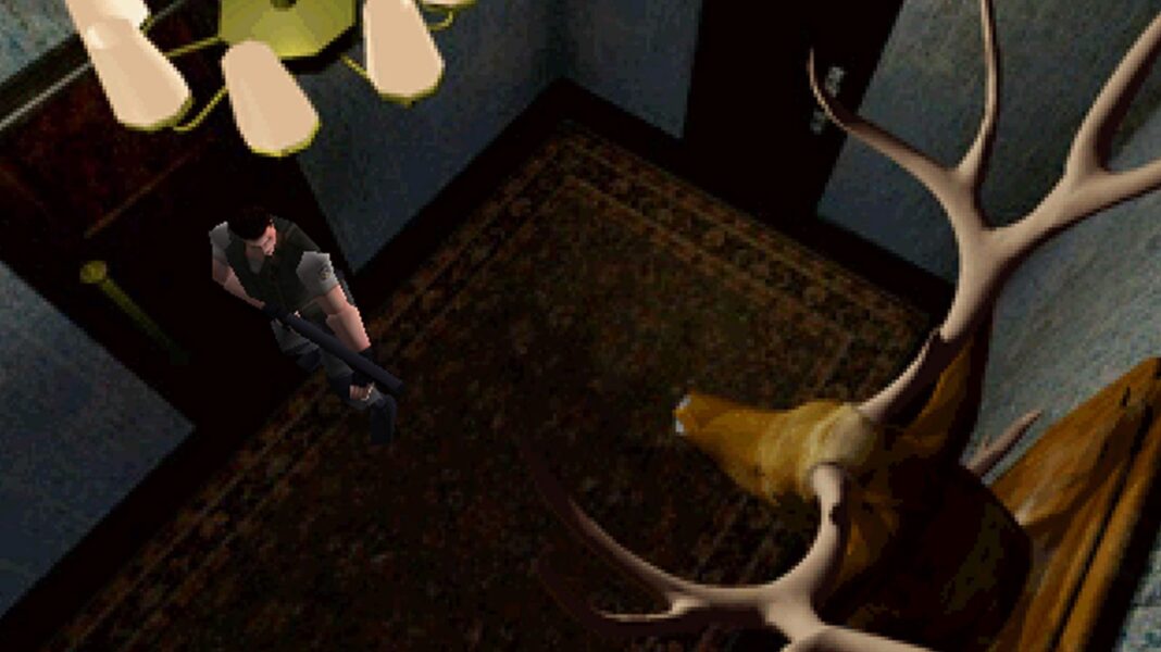 Resident Evil: The video game adaptation with a lot to prove A screenshot from the original Resident Evil shows main character Chris Redfield entering a small, square room with a patterned carpet and light blue wallpaper. Looking down from a corner of the room, the viewer can see an ornate light fitting with multiple lamps and a large, stuffed moose head mounted on another wall.