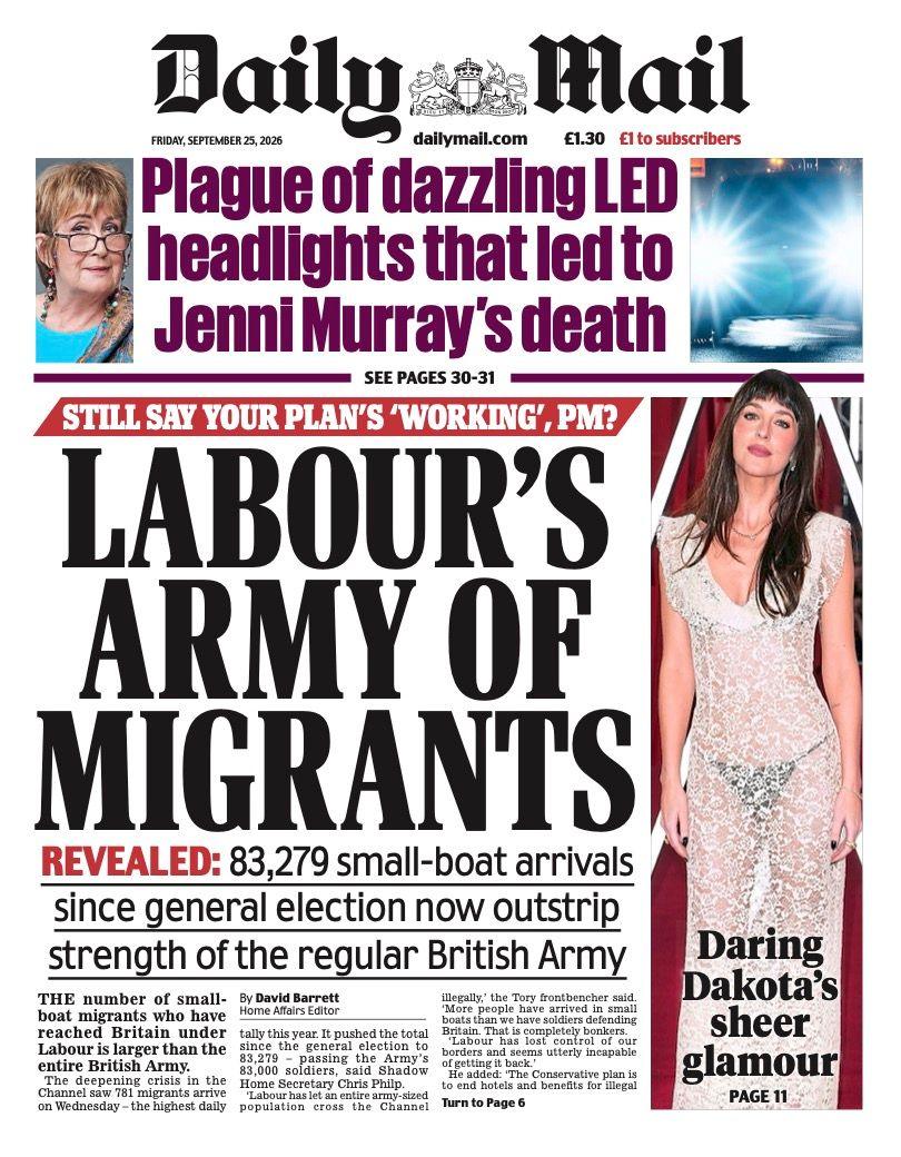 The headline on the front page of the Daily Mail reads: “Labour's army of migrants”.
