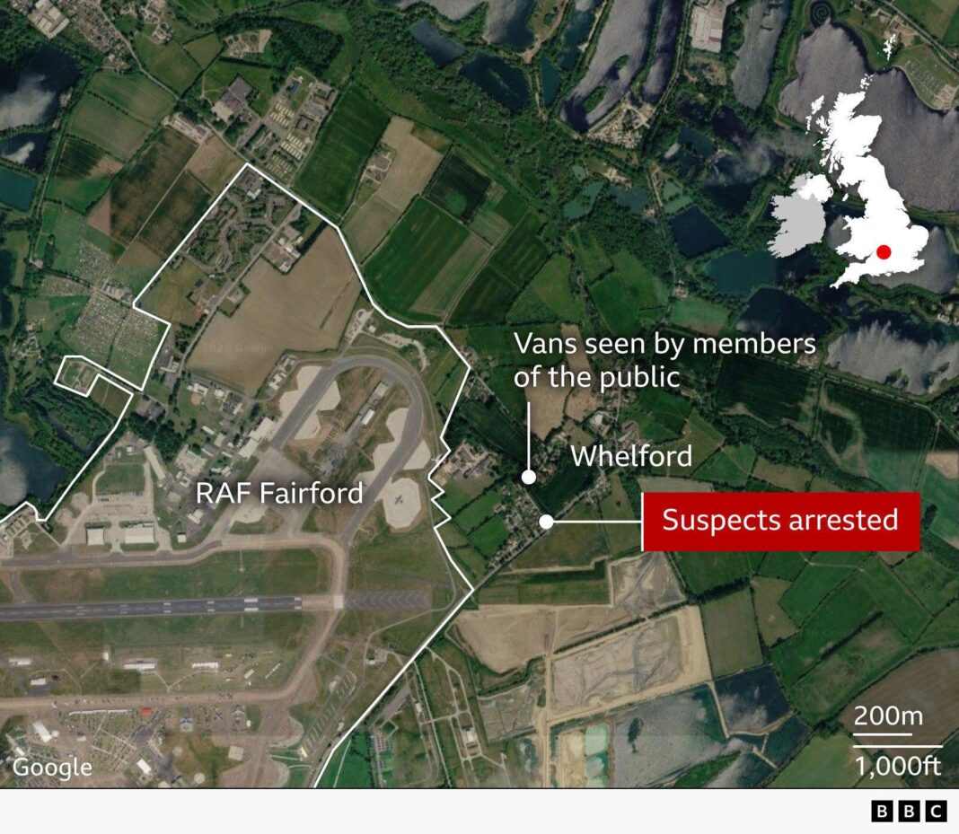 What we know about RAF Fairford counter-terror probe and the five men arrested Satellite map of RAF Fairford and the nearby village of Whelford, showing the airbase boundary outlined in white. Labels indicate locations where vans were reportedly seen by members of the public and where suspects were arrested.