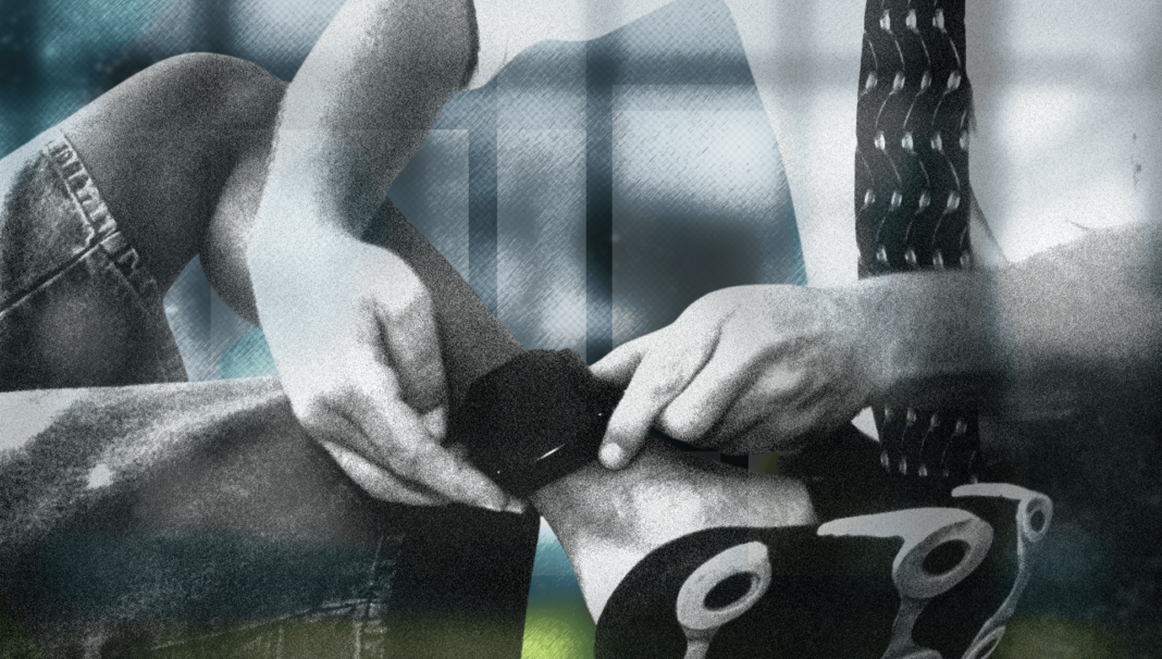 Delays in fitting electronic tags putting victims at risk, report finds Designed graphic showing a man fitting an ankle tag to another man's leg. Electronic monitoring (known as ‘tagging’) is used in England and Wales to monitor curfews and conditions of a court or prison order.