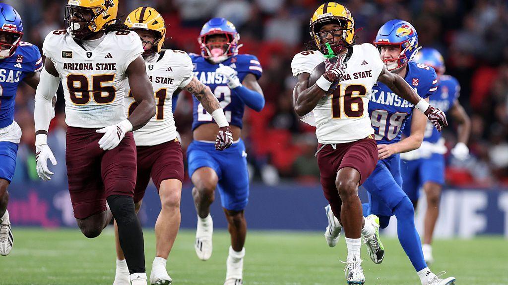 Jaren Hamilton scores a touchdown for the Arizona State Sun Devils against the Kansas Jayhawks at Wembley