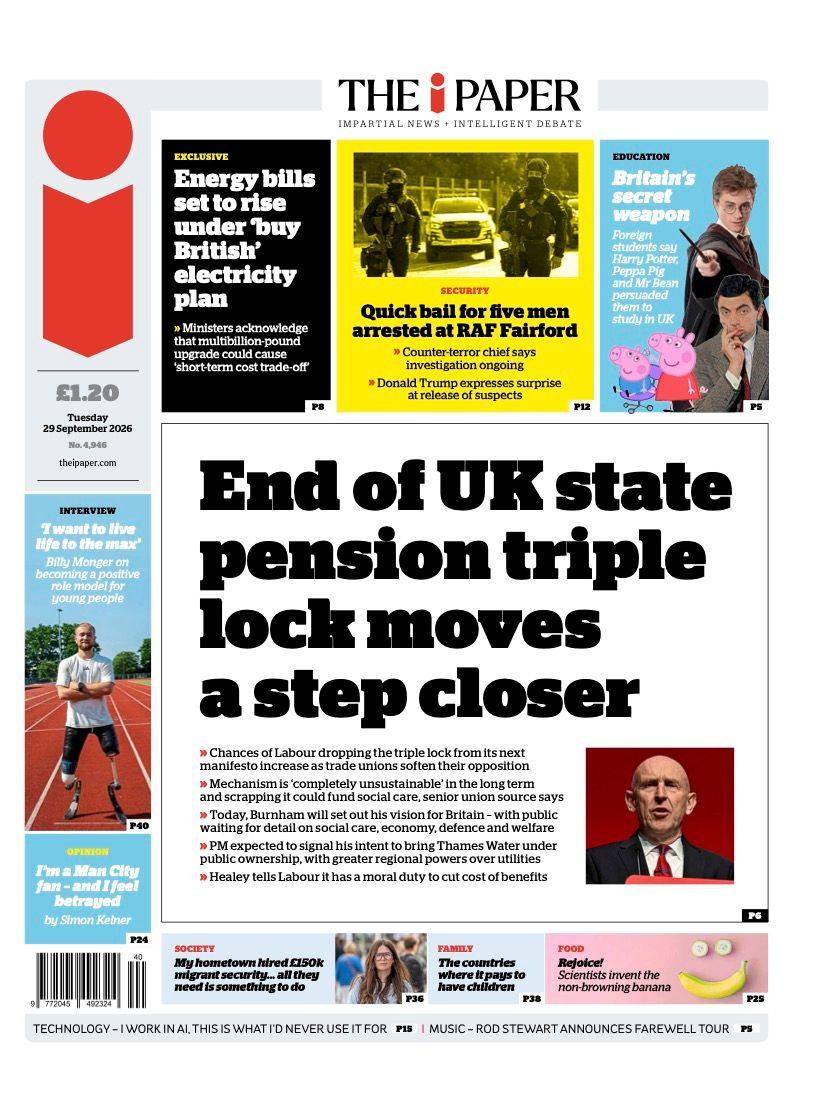 The headline on the front page of the i Paper reads: “End of UK state pension triple lock moves a step closer”.