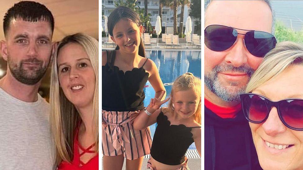 A three-image collage shows two adults posing together indoors, two children standing beside a swimming pool at a holiday resort, and a close-up outdoor selfie of two adults wearing sunglasses. The centre image features a poolside setting with palm trees, sun loungers and hotel buildings in the background.