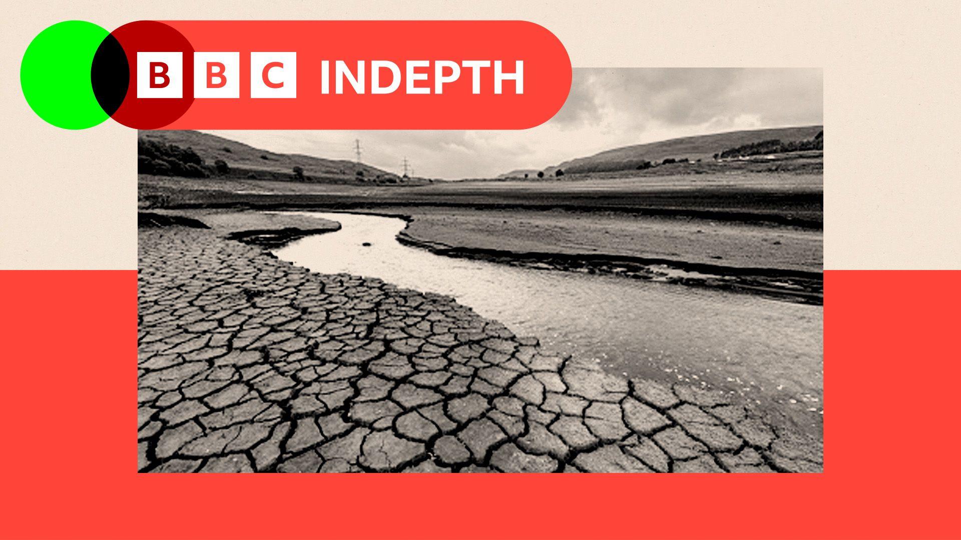 A black and white image of a dried-up riverbed. The photo is surrounded by a red and beige rectangle and there is a BBC InDepth logo in the top left