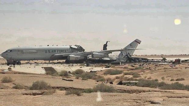 A destroyed Boeing E-3 Sentry at Prince Sultan Air Force Base in Saudi Arabia