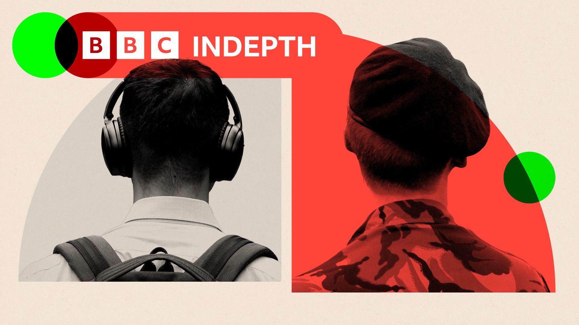 A two-part image showing the backs of two people. One image shows a man wearing a backpack and headphones, while the other shows an officer cadet wearing a military cap.
