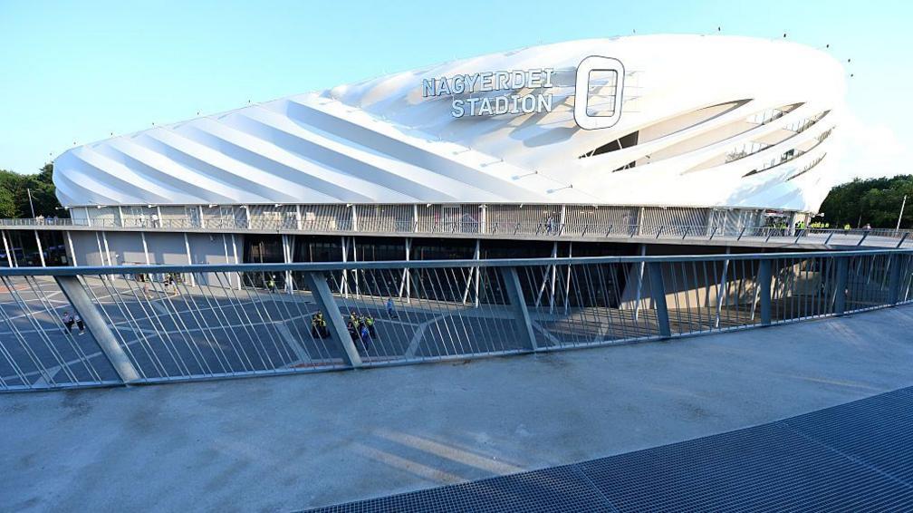 An exterior view of the Nagyerdei Stadion in Debrecen, Hungary