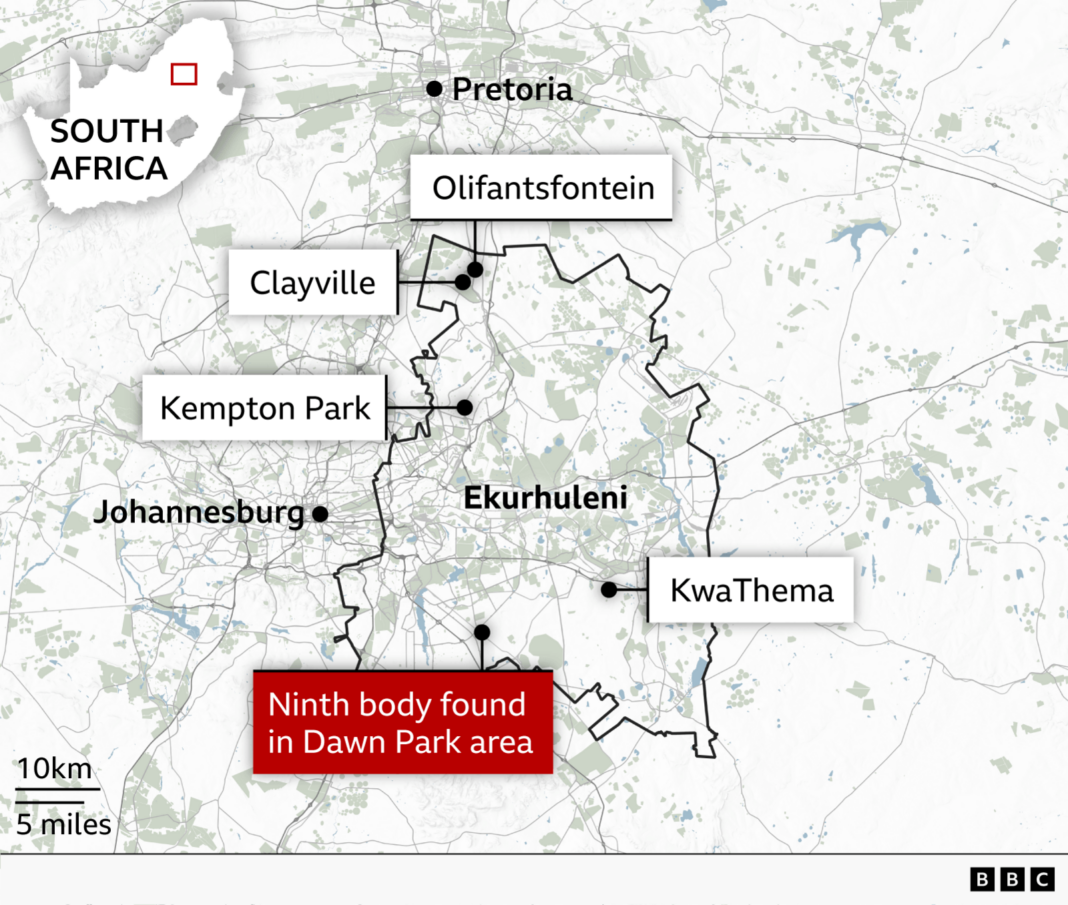 Ninth woman’s body found as South African police investigate string of deaths Map of Ekurhuleni, east of Johannesburg in South Africa, showing the locations of Clayville, Olifantsfontein, Kempton Park and KwaThema. A red label indicates the Dawn Park area to the south, where a ninth body was found.