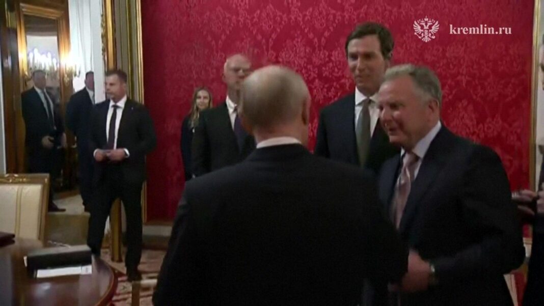Putin facing away from the camera looks at Kushner and Witkoff