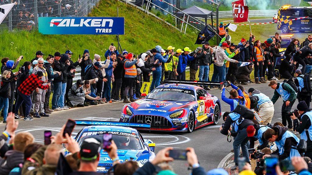 Max Verstappen being cheered by crowds at the Nurburgring 24 Hours sports car race