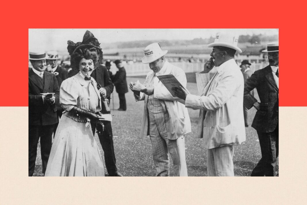 June 1913: A woman placing a bet on Derby Day