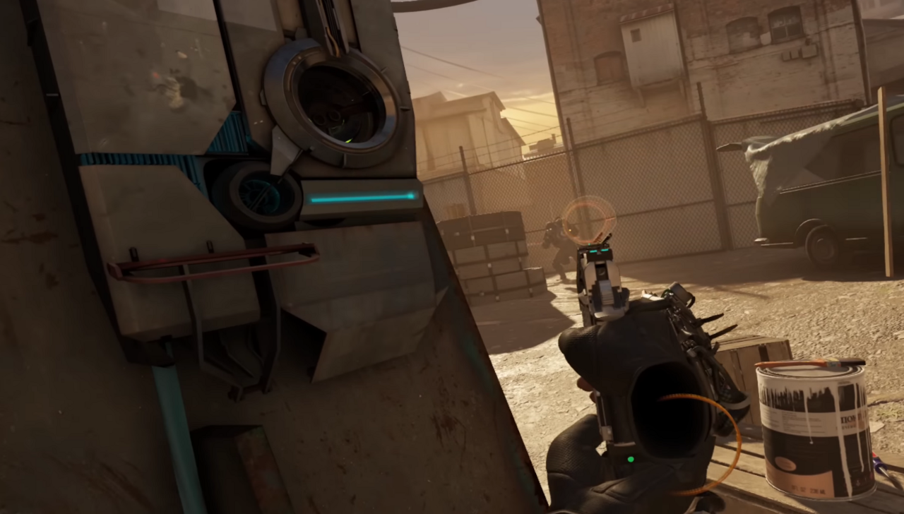 A person aims a gun in VR