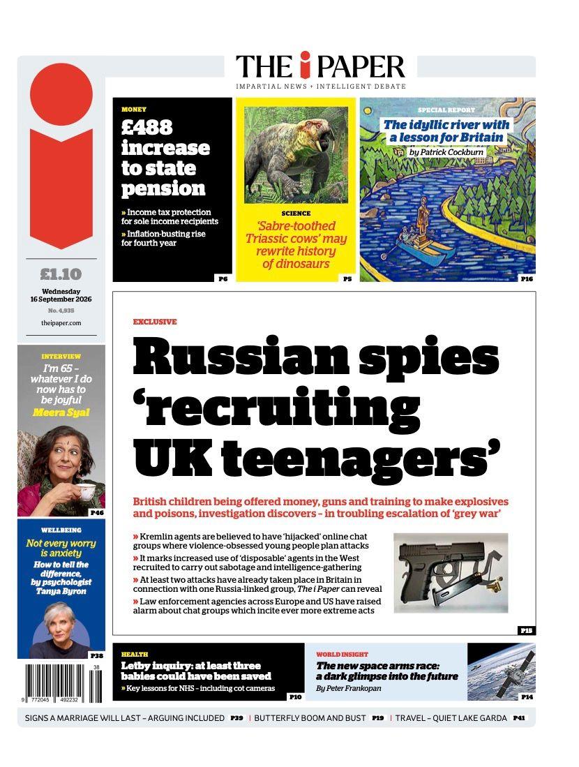 The headline on the front page of the i Paper reads: 'Russian spies "recruiting UK teenagers".'