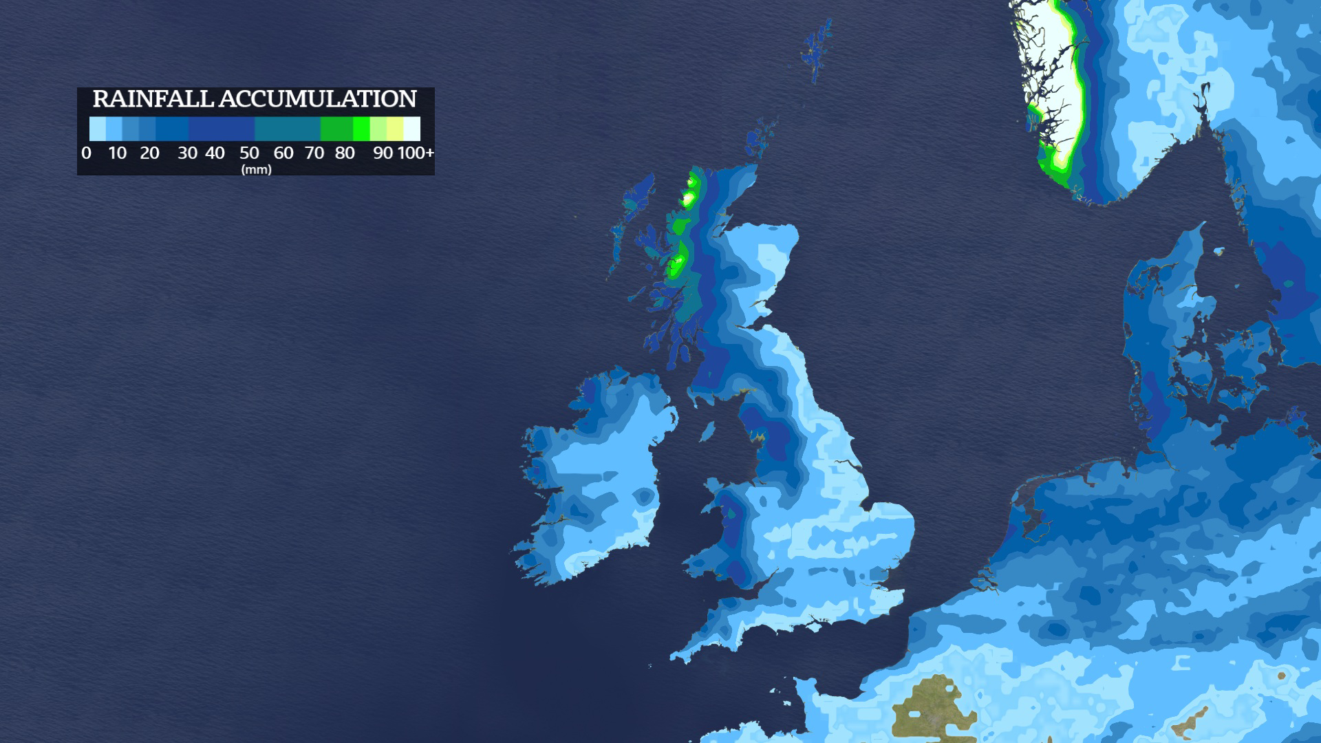 A weather map of the UK shows dark blue colours for more western parts of the country and light blue patches further east. There is a rainfall accumulation grid in the top right of the image.