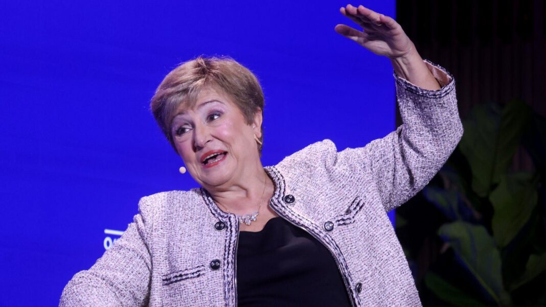 UK and US warned to take action on spiralling debt costs by IMF Kristalina Georgieva, managing director of the IMF, speaking during the Qatar Economic Forum in New York, US, this month. She sitting down in a chair explaining her answer to a question as she raises her left arm above her head.