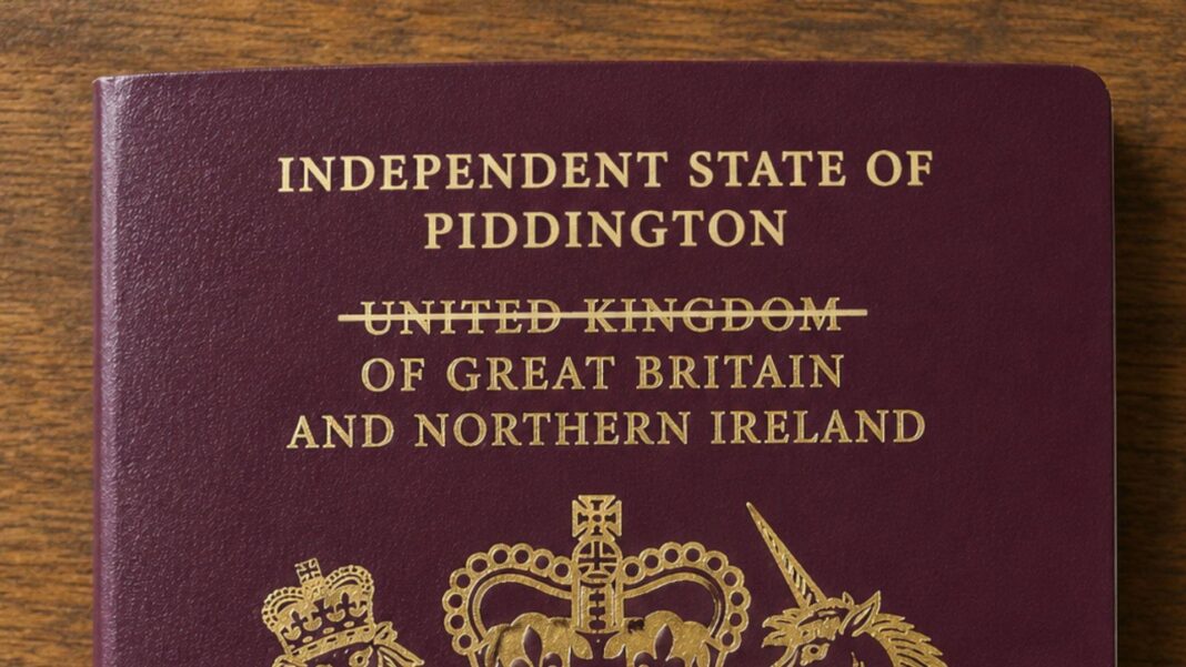 Why is a village holding a referendum on leaving the UK? A maroon British passport with the UK crossed out and 'Independent State of Piddington' written on it.