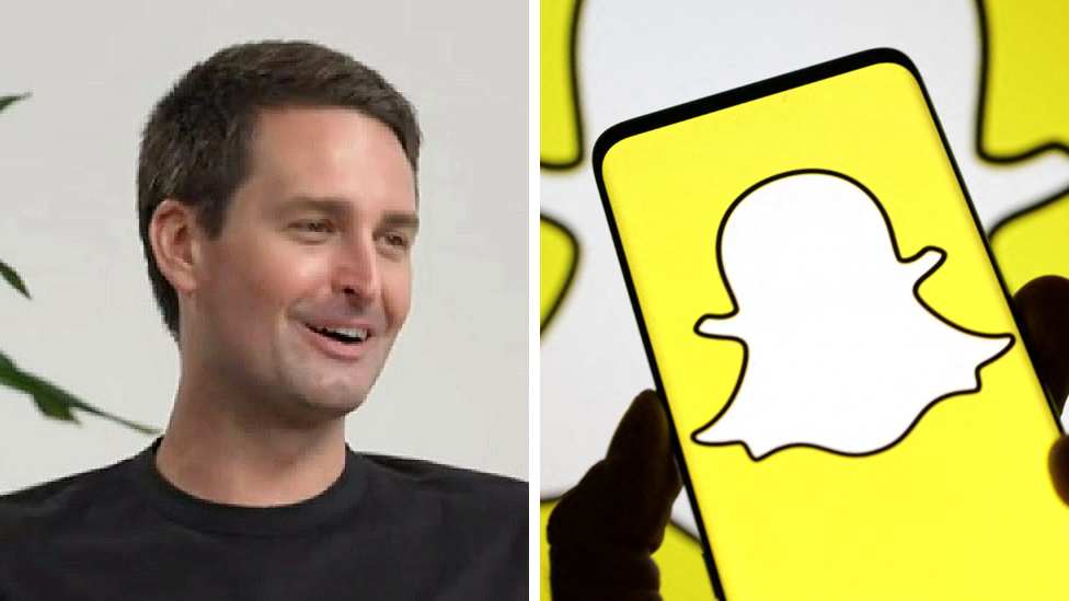 A composite image of Snapchat CEO Evan Spiegel talking to camera on the left, and the Snapchat logo on the right