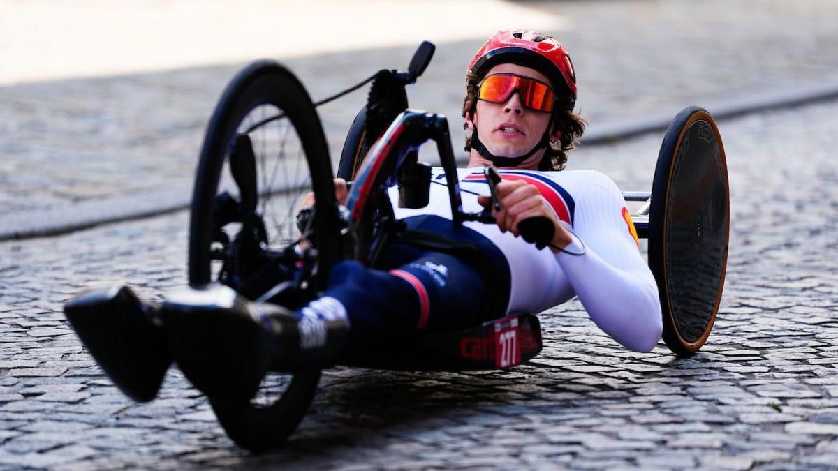 Callum Russell races in handcycle during a road race