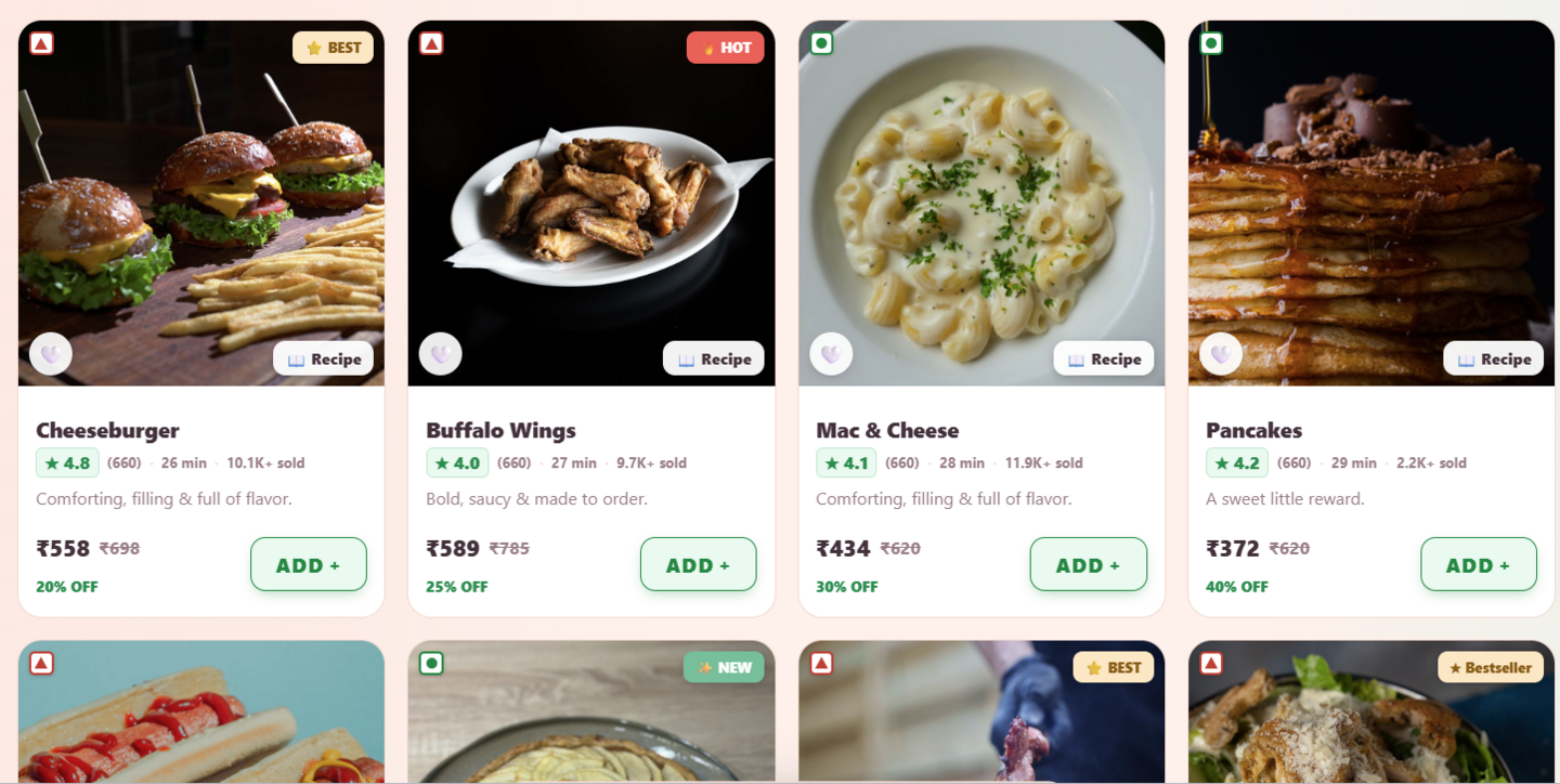 A screenshot that shows a list of options on the FoodNeverComes website.