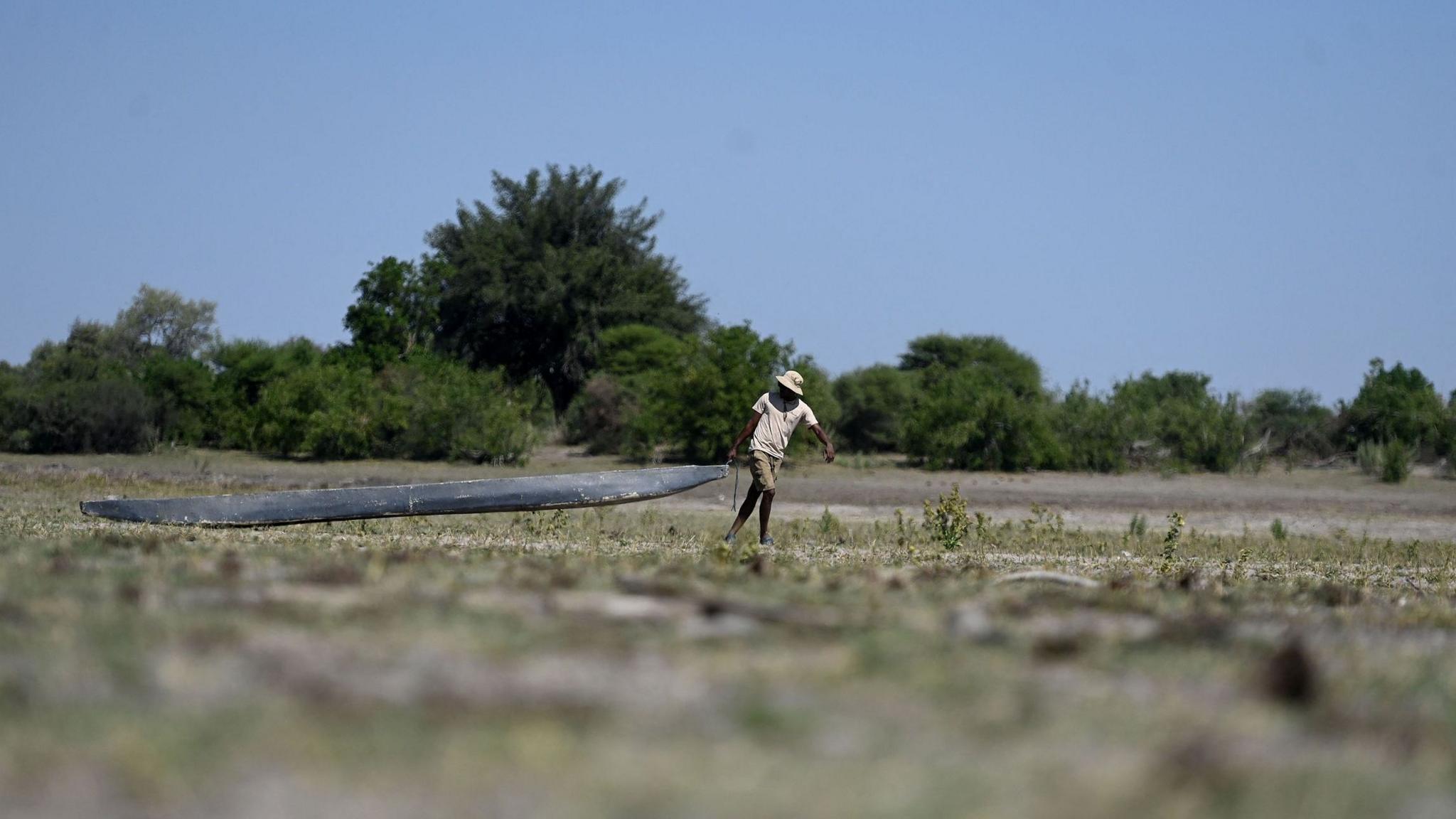 A poller - a man in brown shorts, t-shirt and a sunhat - drags a traditional boat across a dried channel. The ground is dried vegetation and in the background green trees and a blue sky