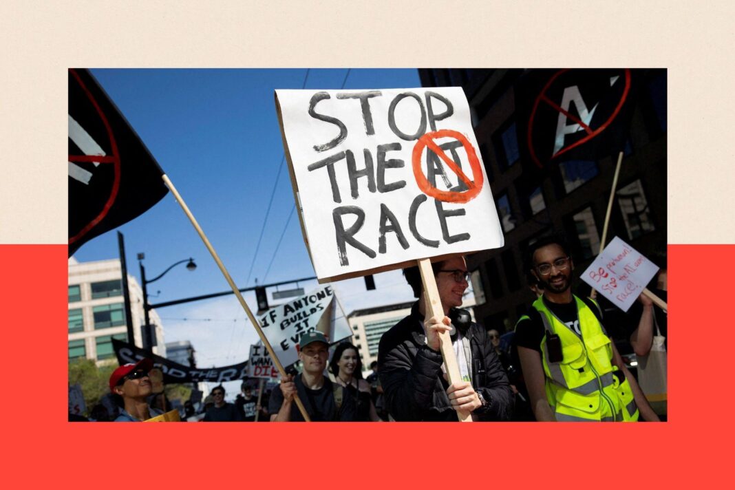 AI is becoming harder to control – can humans stay in charge? A person marches at an anti-AI protest with a sign that reads "Stop the AI race"
