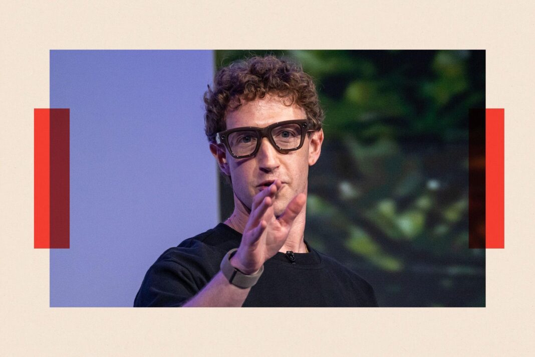 Mark Zuckerberg, chief executive officer of Meta Platforms Inc., wears a pair of Meta Ray-Ban Display AI glasses during the Meta Connect event in Menlo Park, California, US, on Wednesday, Sept. 17, 2025